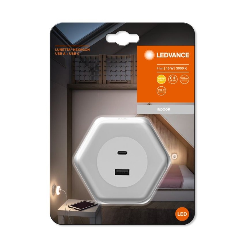 Ledvance - LED Orientēšanās kontaktligzdas lampa ar USB LUNETTA LED/15W/230V