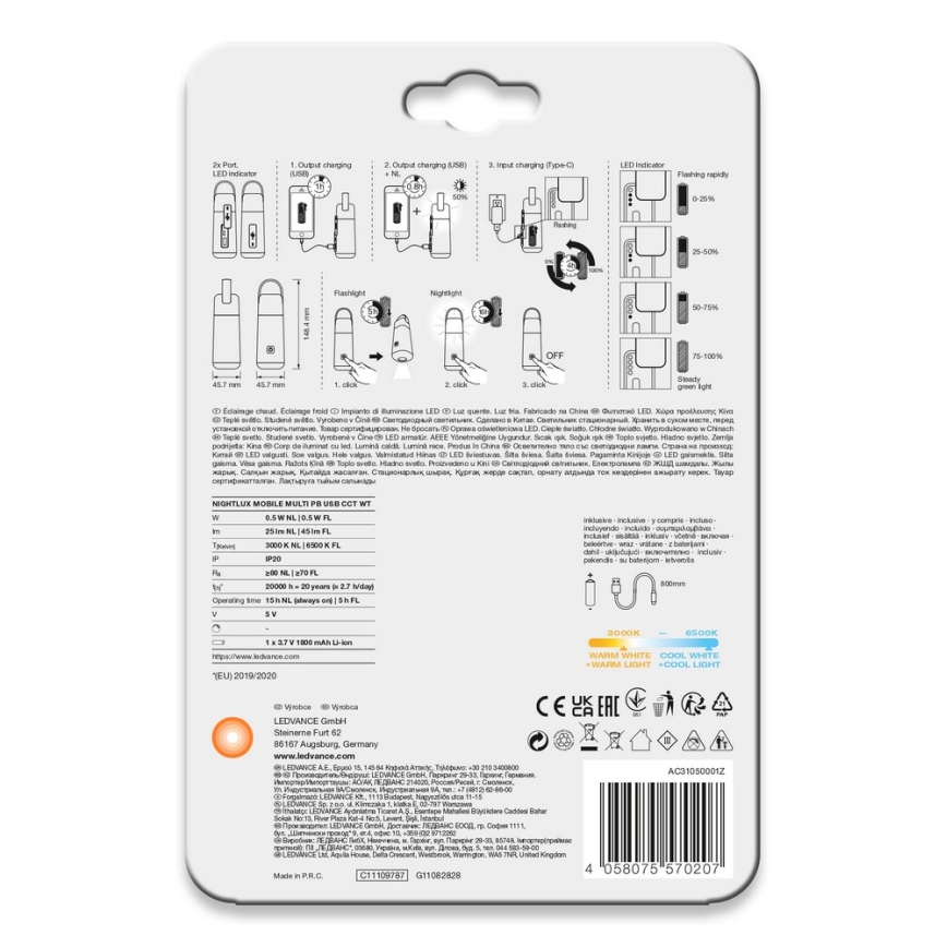 Ledvance - LED Power bank ar lukturīša funkciju MOBILE LED/0,5W/5V 1800 mAh 2xUSB