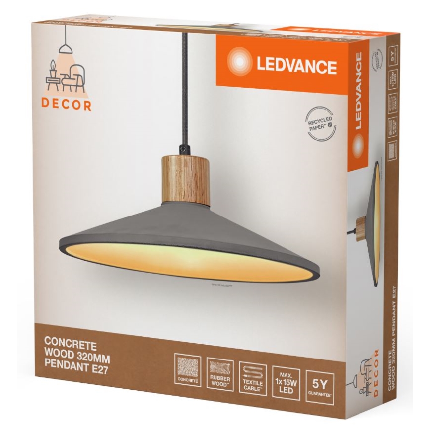Ledvance - Lustra ar auklu DECOR CONCRETE 1xE27/15W/230V d. 32 cm betons pelēka