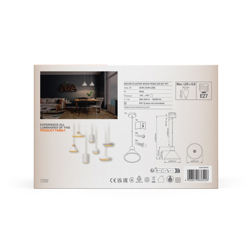 Ledvance - Lustra ar auklu DECOR PLASTER 1xE27/25W/230V d. 22 cm ģipsis balta