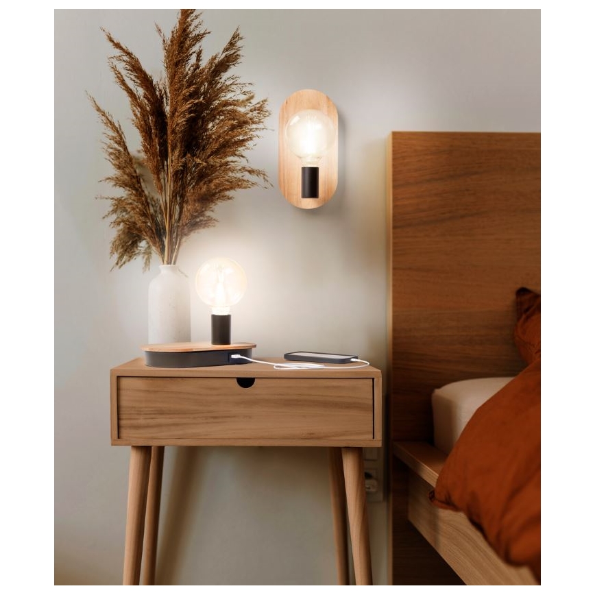 Ledvance - Skārienvadāma galda lampa ar USB connector DECOR WOOD 1xE27/8W/230V gumijkoks