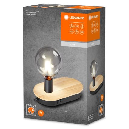 Ledvance - Skārienvadāma galda lampa ar USB connector DECOR WOOD 1xE27/8W/230V gumijkoks