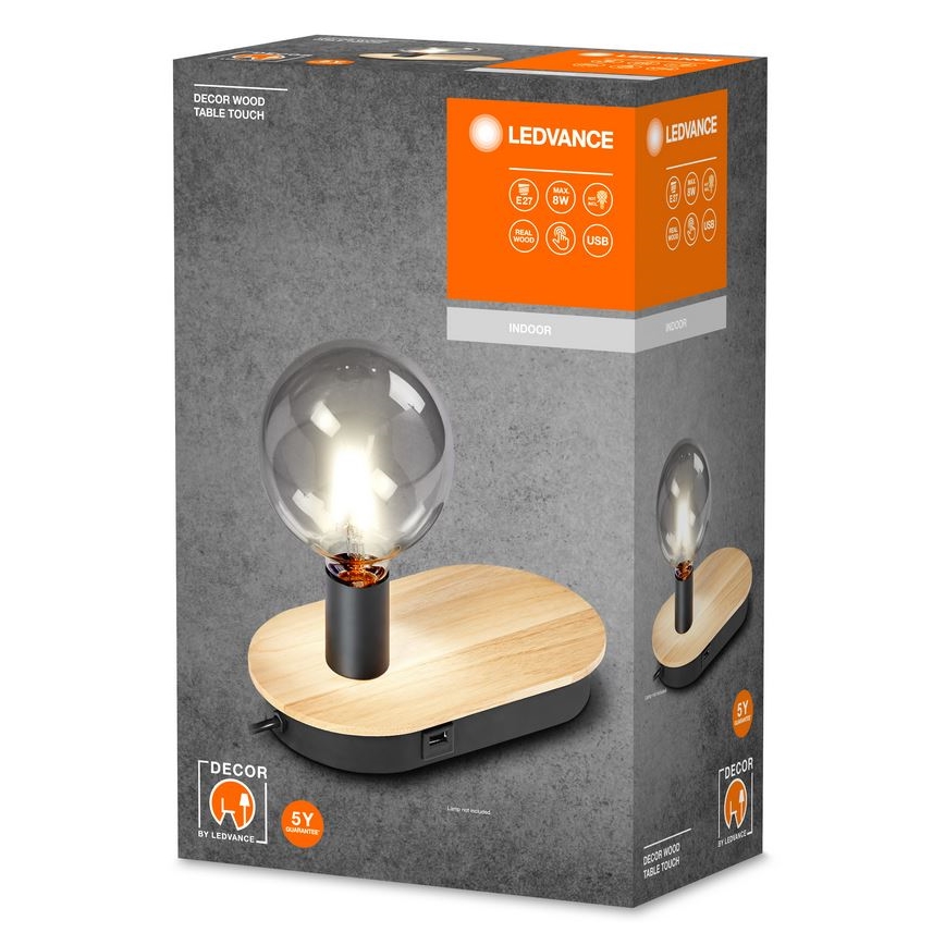 Ledvance - Skārienvadāma galda lampa ar USB connector DECOR WOOD 1xE27/8W/230V gumijkoks