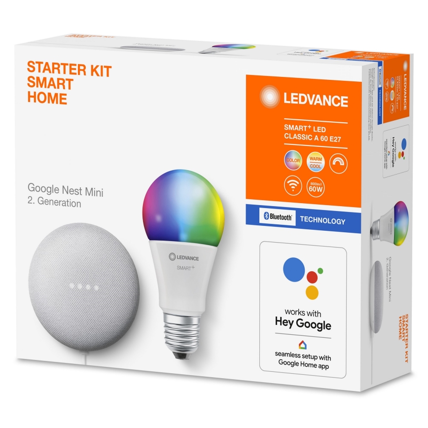 Ledvance - Viedais skaļrunis Google Nest Mini + LED RGBW Aptumšojama spuldze SMART+ A60 E27/10W/230V 2000 - 6500K