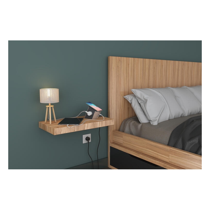 Legrand 049402-Kontaktligzdas sadalītājs ar slēdzi 2Z Tips E + USB-A + USB-C un bezvadu uzlāde 10W 2m brūna
