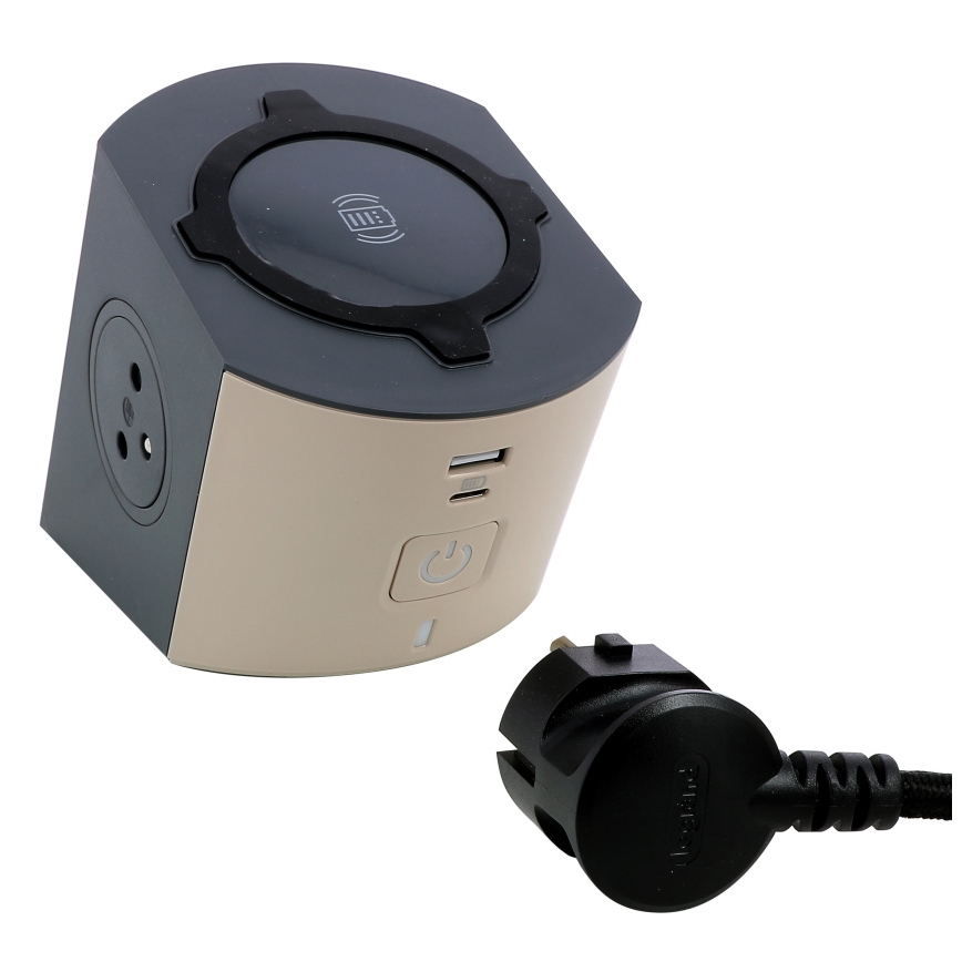 Legrand 049402-Kontaktligzdas sadalītājs ar slēdzi 2Z Tips E + USB-A + USB-C un bezvadu uzlāde 10W 2m brūna