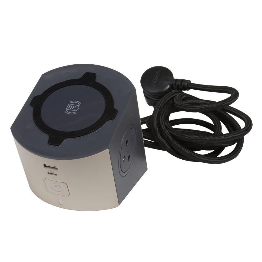 Legrand 049402-Kontaktligzdas sadalītājs ar slēdzi 2Z Tips E + USB-A + USB-C un bezvadu uzlāde 10W 2m brūna