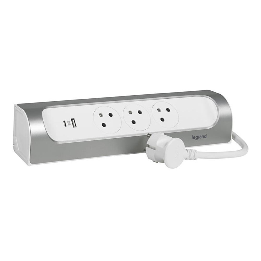 Legrand 049406 - Pagarinātāja vads 3Z Tips E + USB-A + USB-C 1m sudraba/balta