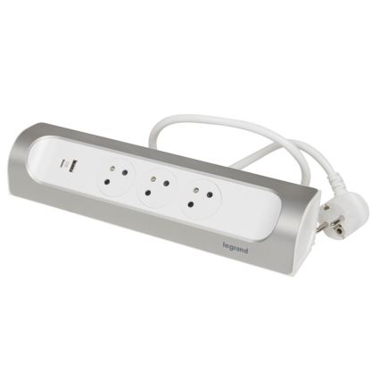 Legrand 049406 - Pagarinātāja vads 3Z Tips E + USB-A + USB-C 1m sudraba/balta