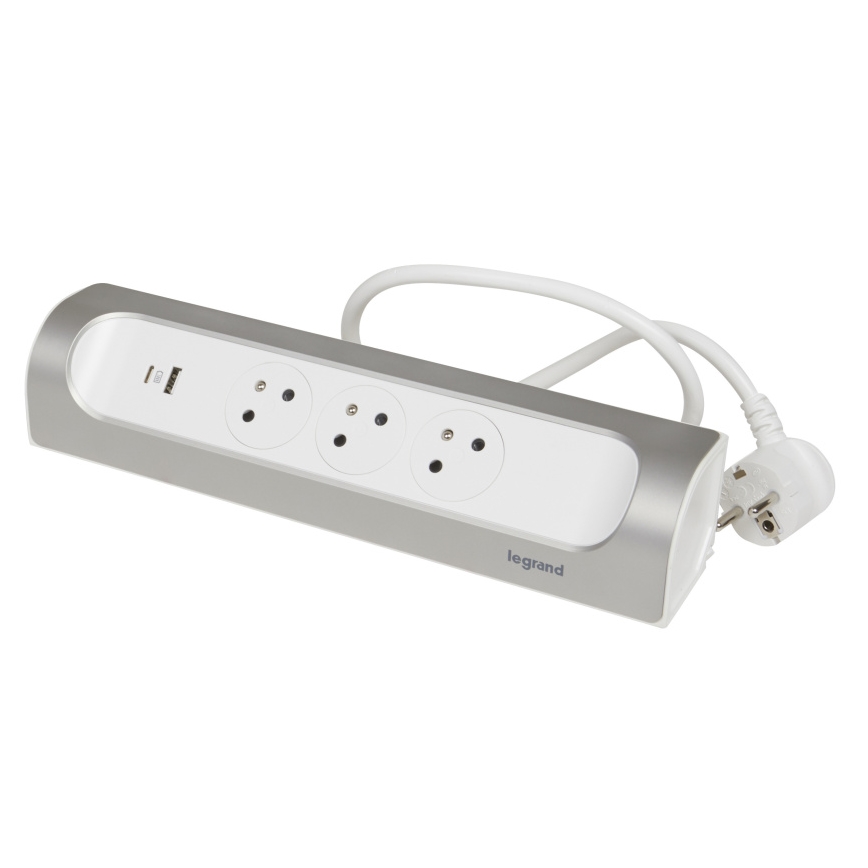 Legrand 049406 - Pagarinātāja vads 3Z Tips E + USB-A + USB-C 1m sudraba/balta