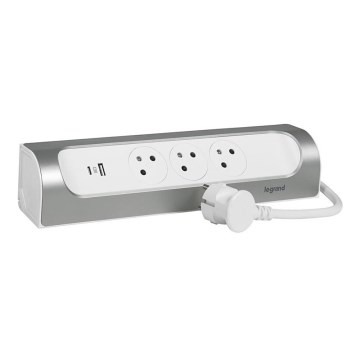 Legrand 049406 – pagarinātājs ar 3 kontaktligzdām (E tips) + USB‑A + USB‑C, 1 m, sudraba/balts