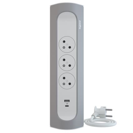 Legrand 049406 – pagarinātājs ar 3 kontaktligzdām (E tips) + USB‑A + USB‑C, 1 m, sudraba/balts