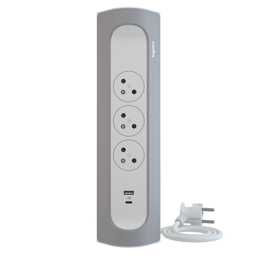 Legrand 049406 – pagarinātājs ar 3 kontaktligzdām (E tips) + USB‑A + USB‑C, 1 m, sudraba/balts