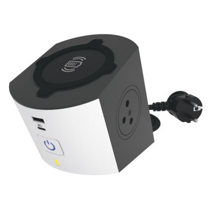 Legrand 049412 - Kontaktligzdas sadalītājs ar slēdzi 2Z Tips E + USB-A + USB-C un bezvadu uzlāde 10W 2m balta