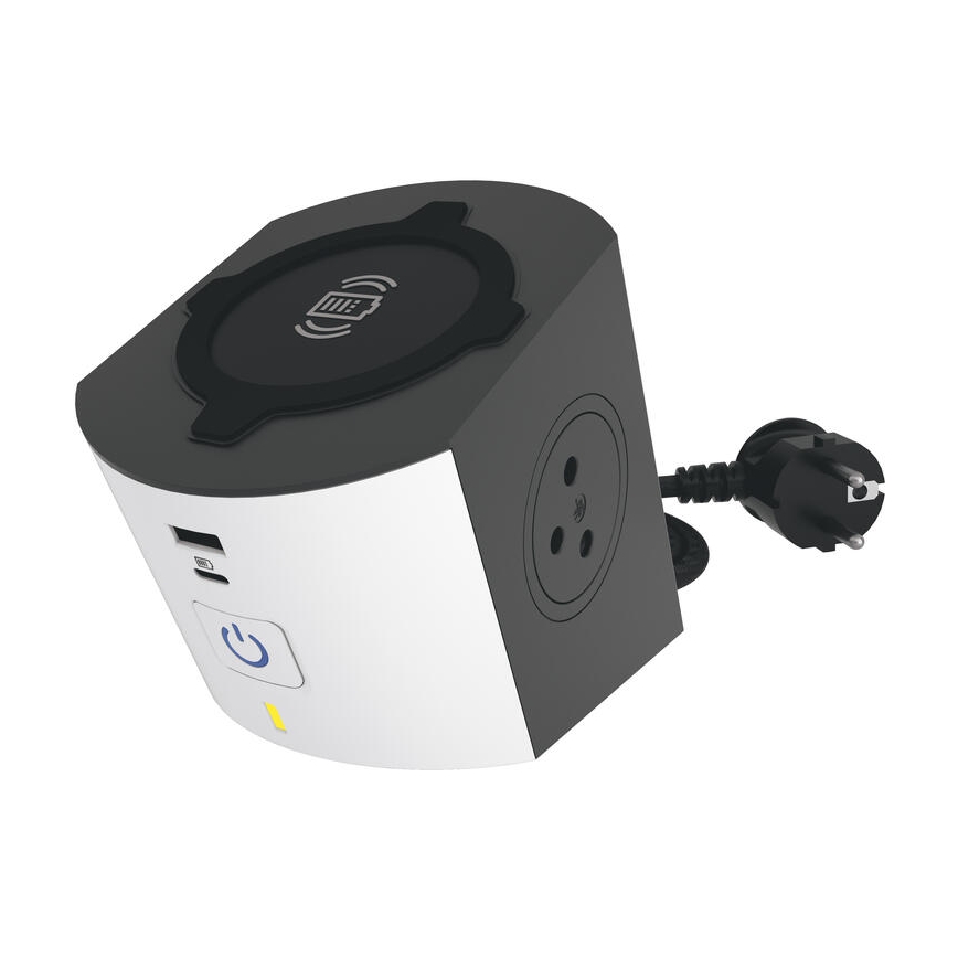 Legrand 049412 - Kontaktligzdas sadalītājs ar slēdzi 2Z Tips E + USB-A + USB-C un bezvadu uzlāde 10W 2m balta