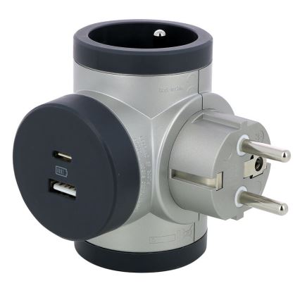 Legrand 049439 - Kontaktligzdas sadalītājs rotējoša 2Z Tips E + USB-A + USB-C sudraba/melna