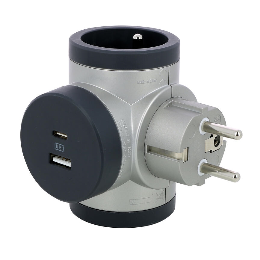 Legrand 049439 - Kontaktligzdas sadalītājs rotējoša 2Z Tips E + USB-A + USB-C sudraba/melna