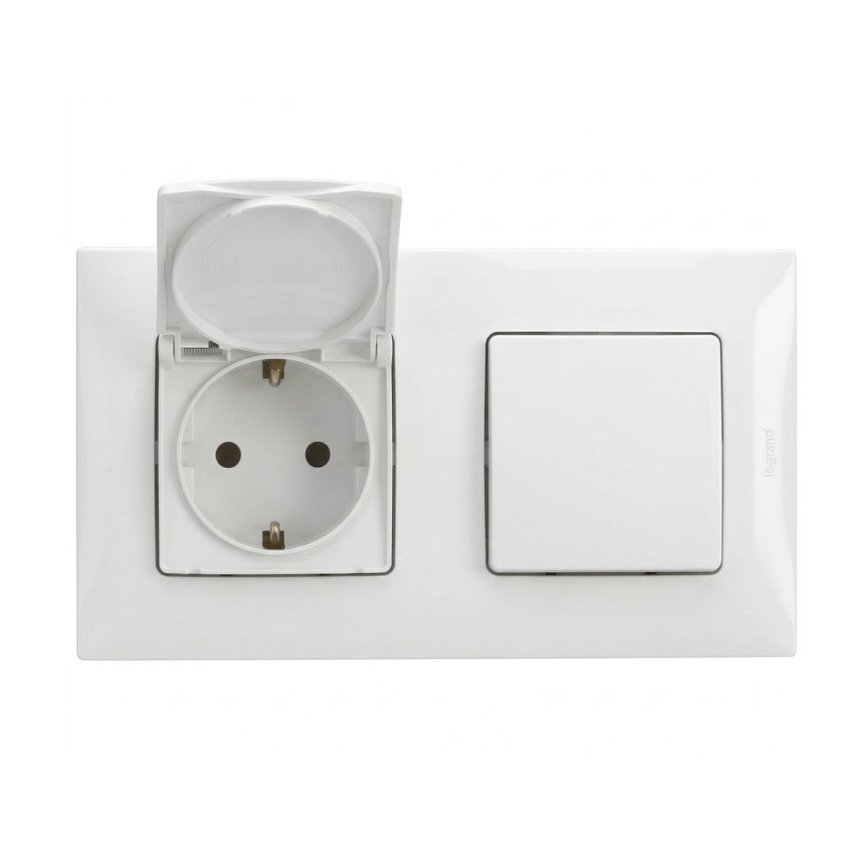 Legrand - Āra mājas kontaktligzda un vienpolu slēdzis Nr. 1 ar rāmi NILOE 250V IP44 balta