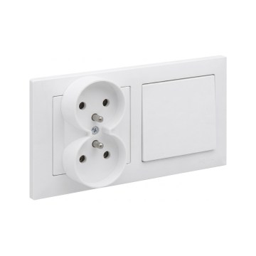 Legrand - Dubultā mājas kontaktligzda un vienpolu slēdzis nr. 1 ar rāmi SUNO 250V balta