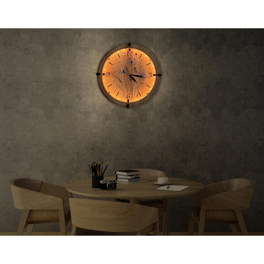Li-Go 23688/DUB2 - LED pulkstenis ar kustības sensoru un regulējamu spilgtumu, LED/5V 20000 mAh + 1xAA Ø 32 cm ozols/Pampeliška