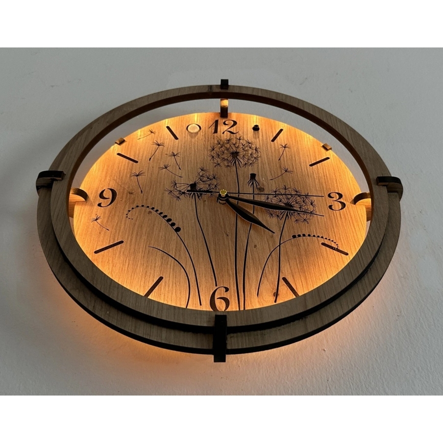 Li-Go 23688/DUB2 - LED pulkstenis ar kustības sensoru un regulējamu spilgtumu, LED/5V 20000 mAh + 1xAA Ø 32 cm ozols/Pampeliška