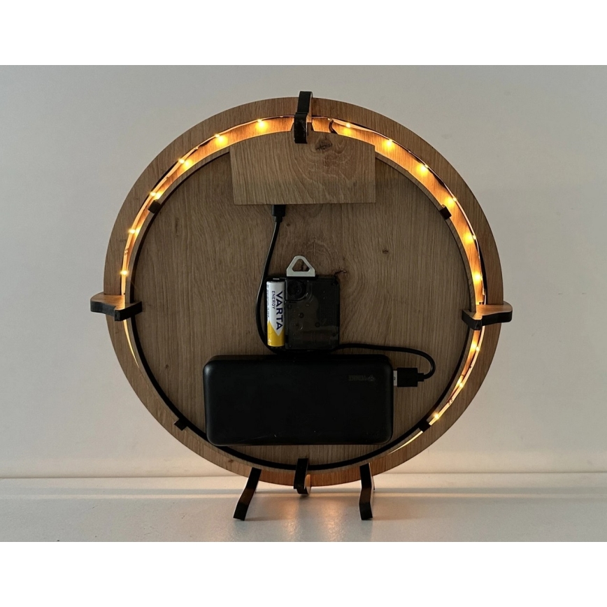 Li-Go 23688/DUB2 - LED pulkstenis ar kustības sensoru un regulējamu spilgtumu, LED/5V 20000 mAh + 1xAA Ø 32 cm ozols/Pampeliška