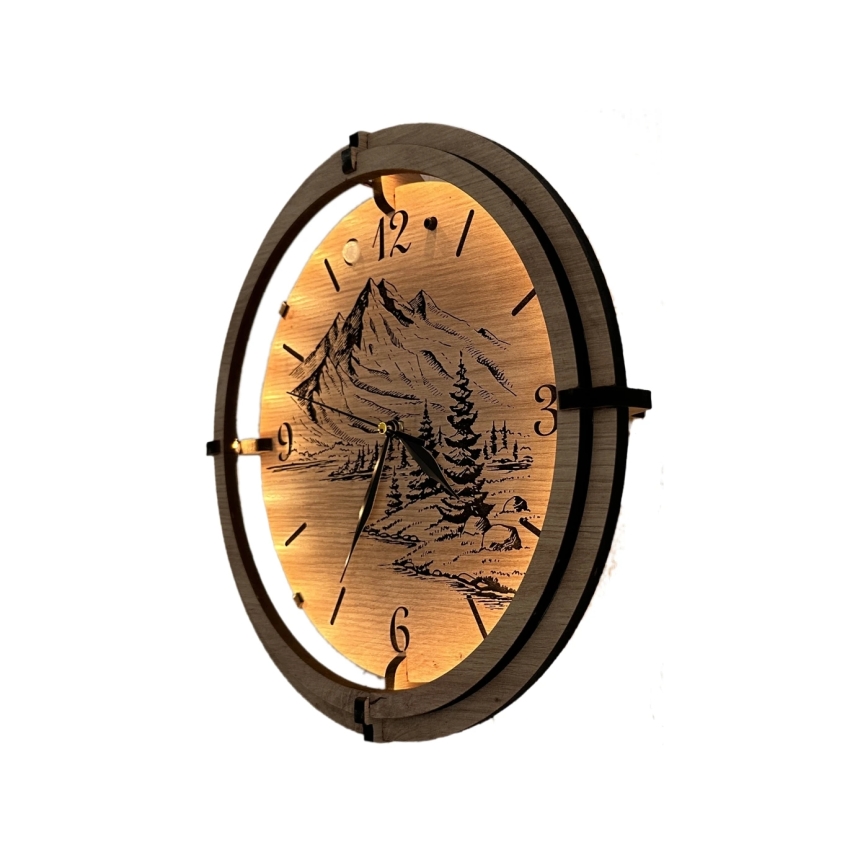 Li-Go 23697/DUB/BAT2 - LED aptumšojams pulkstenis ar kustības sensoru LED/10W/5V 20000 mAh + 1xAA Ø 32 cm ozols/Kalni