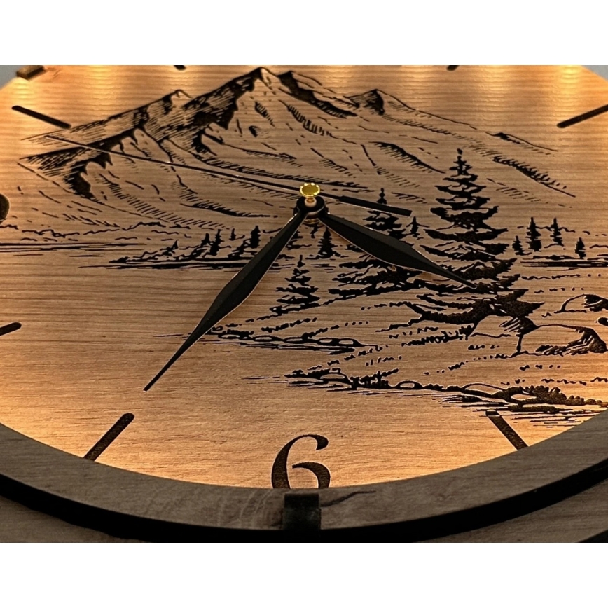 Li-Go 23697/DUB/BAT2 - LED aptumšojams pulkstenis ar kustības sensoru LED/10W/5V 20000 mAh + 1xAA Ø 32 cm ozols/Kalni