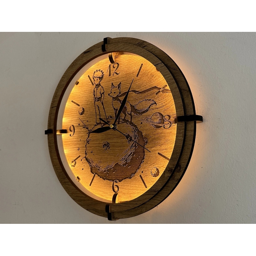 Li-Go 23712/DUB/BAT2 - LED regulējams pulkstenis ar kustības sensoru LED/10W/5V 20000 mAh + 1xAA Ø 32 cm ozols/Mazais princis