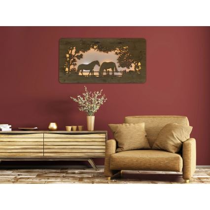 Li-Go 5012/B/4 - LED sienas dekorācija ar regulējamu spilgtumu LED/10W/5V 30000 mAh 120x60 cm ozols/zirgi + tālvadības pults