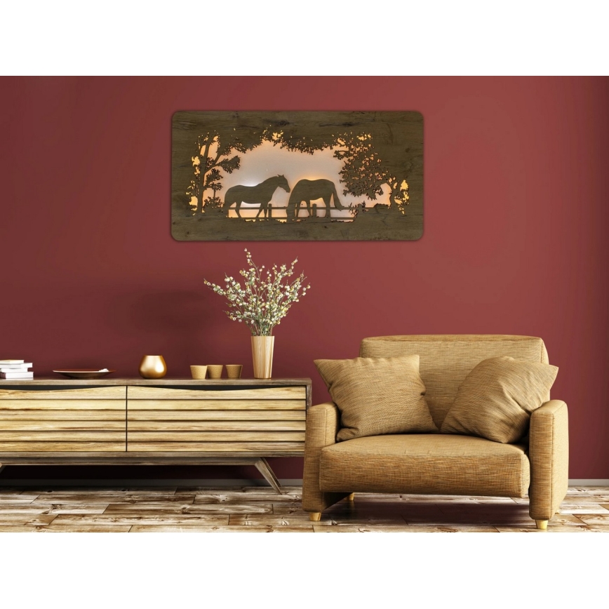 Li-Go 5012/B/4 - LED sienas dekorācija ar regulējamu spilgtumu LED/10W/5V 30000 mAh 120x60 cm ozols/zirgi + tālvadības pults