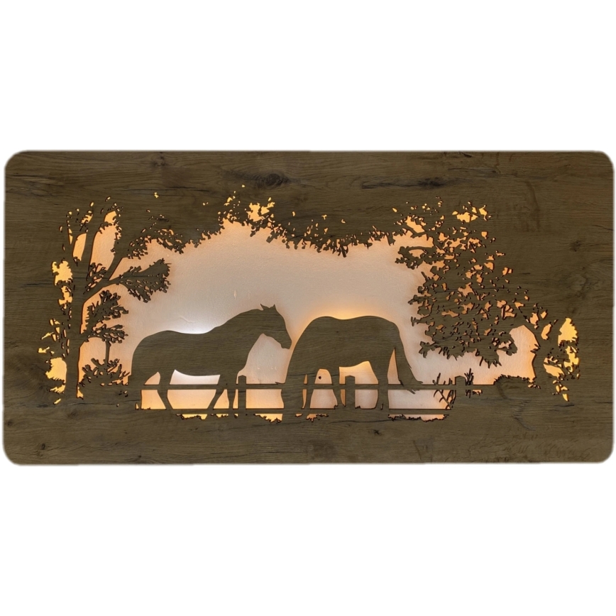 Li-Go 5012/B/4 - LED sienas dekorācija ar regulējamu spilgtumu LED/10W/5V 30000 mAh 120x60 cm ozols/zirgi + tālvadības pults