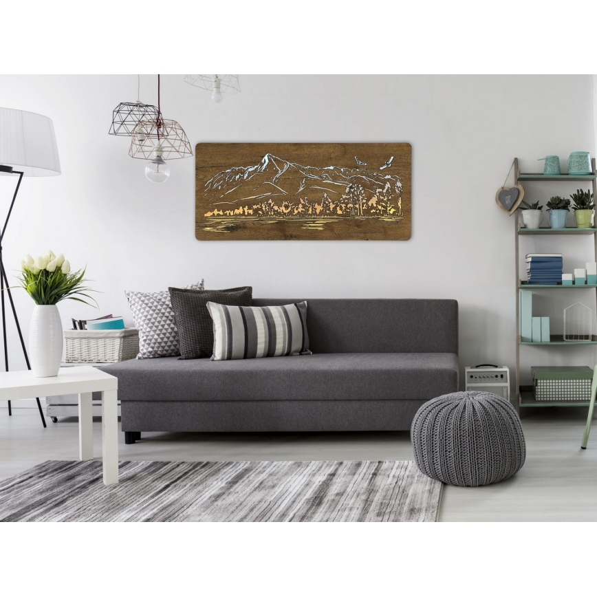 Li-Go 5589/A/DUB2 - regulējama LED sienas dekors LED/10W/5V 30000 mAh 110x50 cm ozols/kalni ar putniem