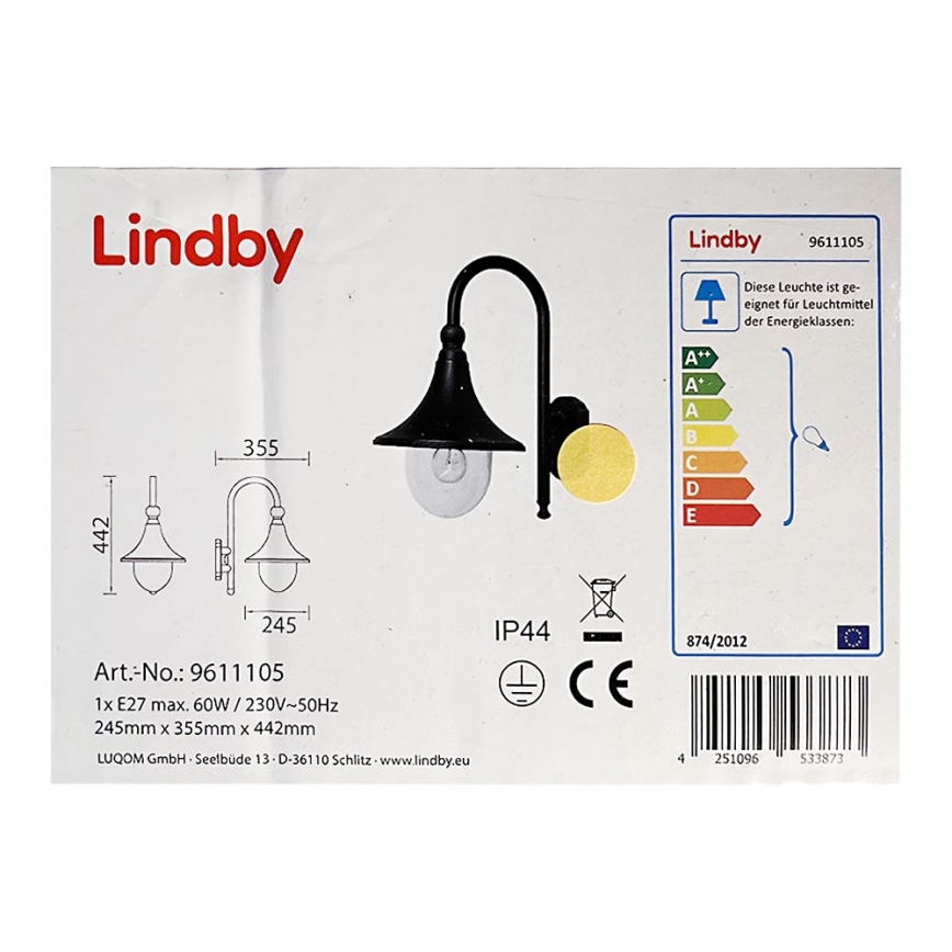 Lindby - Āra sienas lampa DAPHNE 1xE27/60W/230V IP44