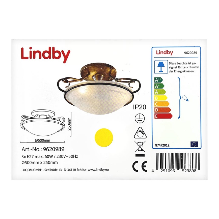 Lindby - Griestu lampa RANDO 3xE27/60W/230V