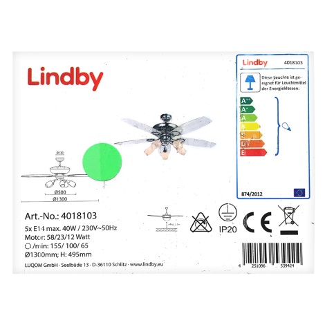 Lindby - Griestu ventilators ar lampu CEDRIK 5xE14/40W/230V