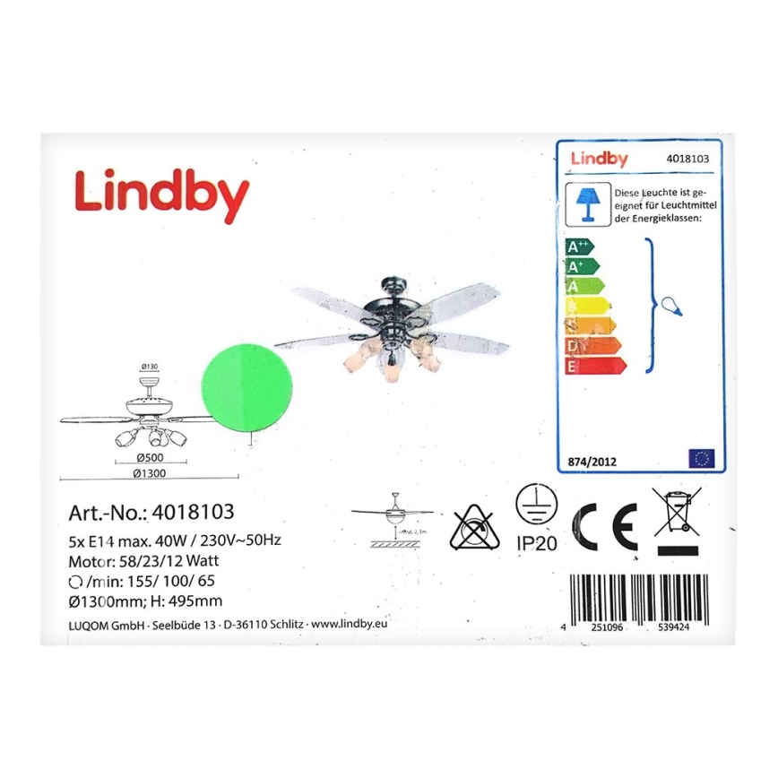 Lindby - Griestu ventilators ar lampu CEDRIK 5xE14/40W/230V