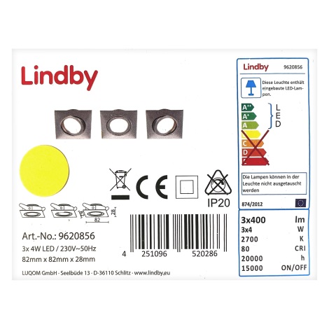 Lindby - KOMPLEKTS 3x LED Iegremdējama lampa ANDREJ LED/4W/230V