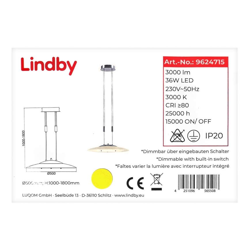 Lindby - LED Aptumšojama lustra ar auklu AMIDALA LED/36W/230V