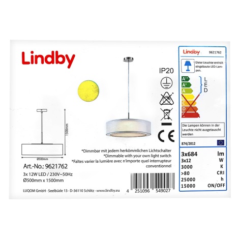 Lindby - LED Aptumšojama lustra ar auklu AMON 3xLED/12W/230V