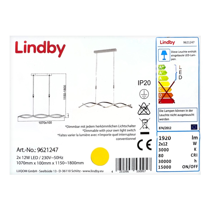 Lindby - LED Aptumšojama lustra ar auklu AURON 2xLED/12W/230V