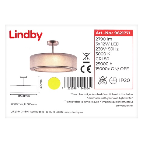 Lindby - LED Aptumšojama lustra ar stieni PIKKA 3xLED/12W/230V