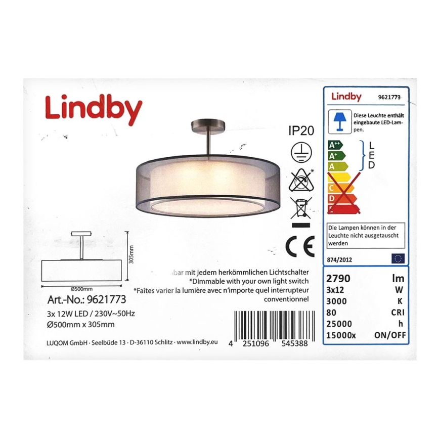 Lindby - LED Aptumšojama virsapmetuma lustra PIKKA 3xLED/12W/230V