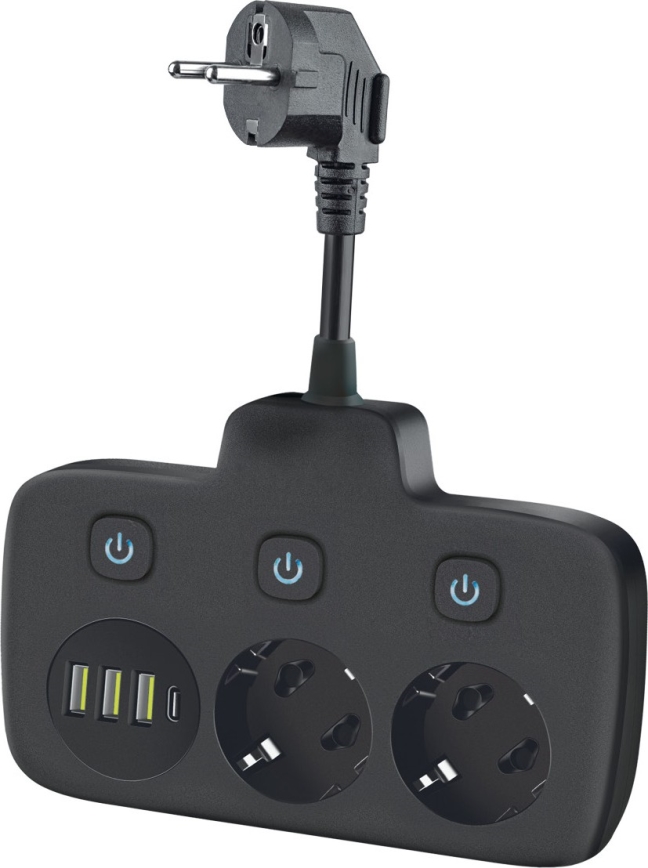 LINEA strāvas sadalītājs ar slēdzi 2x230V + 4xUSB A/C SCHUKO melns