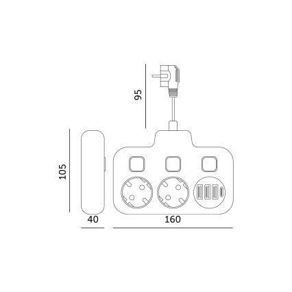 LINEA strāvas sadalītājs ar slēdzi 2x230V + 4xUSB A/C SCHUKO melns