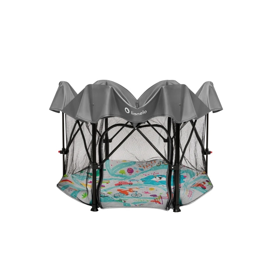 Lionelo - Bērnu rotaļu būris ROEL PLUS, pelēks, daudzkrāsains