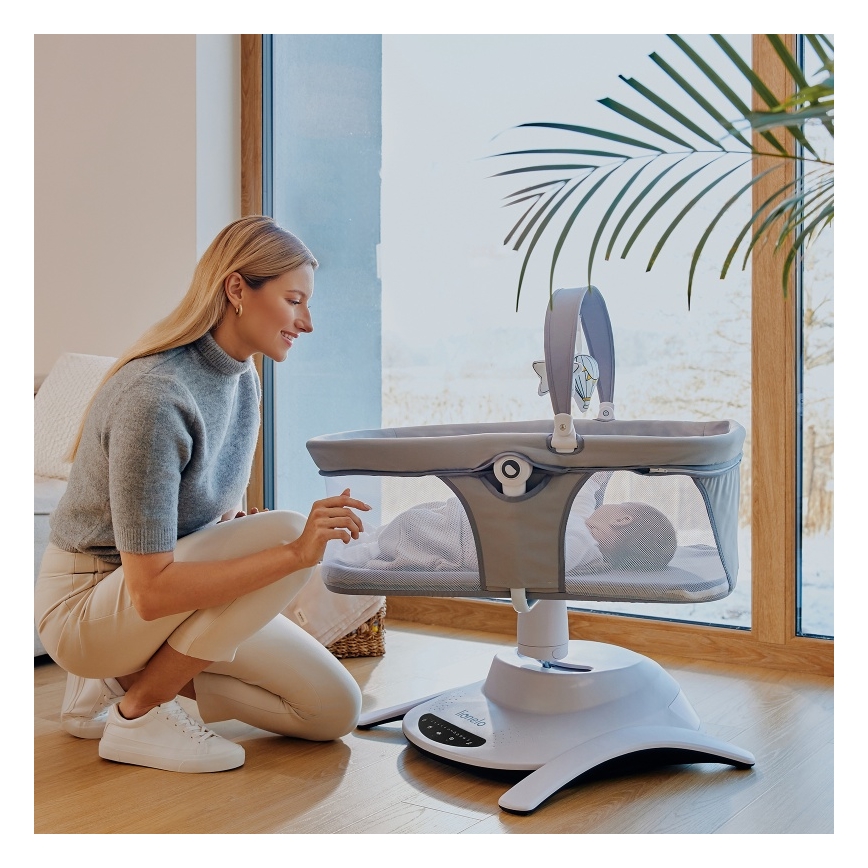 Lionelo - Bērnu šūpuļkrēsls ar melodijām 2‑vienā BELLA 4xAA Grey Concrete + ar tālvadības pulti