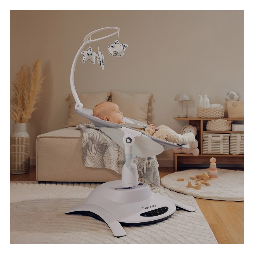 Lionelo - Bērnu šūpuļkrēsls ar melodijām 2‑vienā BELLA 4xAA Grey Concrete + ar tālvadības pulti