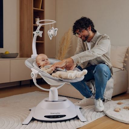 Lionelo - Bērnu šūpuļkrēsls ar melodiju BELLA Grey Concrete + ar tālvadības pulti