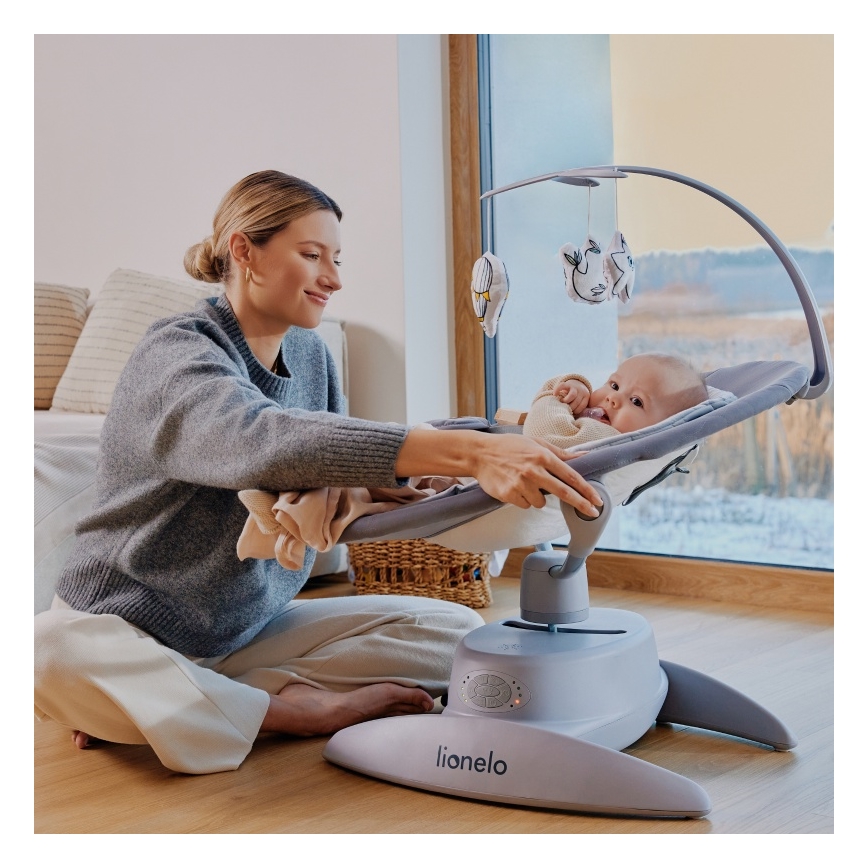 Lionelo - Bērnu šūpuļkrēsls ar melodiju MELL Beige Sand 4xAA + tālvadības pults